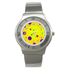 Yellow And Purple Dots Stainless Steel Watch by Valentinaart