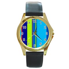 Blue And Green Lines Round Gold Metal Watch by Valentinaart