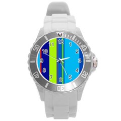 Blue And Green Lines Round Plastic Sport Watch (l) by Valentinaart