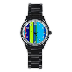 Blue And Green Lines Stainless Steel Round Watch by Valentinaart