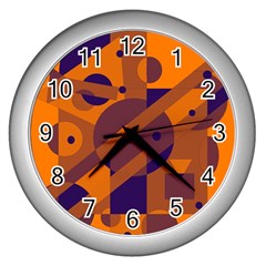 Orange And Blue Abstract Design Wall Clocks (silver)  by Valentinaart