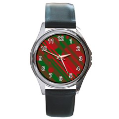 Red And Green Abstract Design Round Metal Watch by Valentinaart