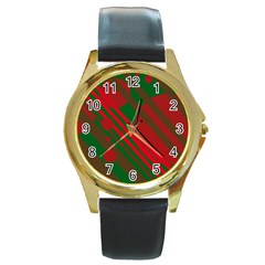 Red And Green Abstract Design Round Gold Metal Watch by Valentinaart