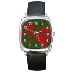 Red And Green Abstract Design Square Metal Watch by Valentinaart