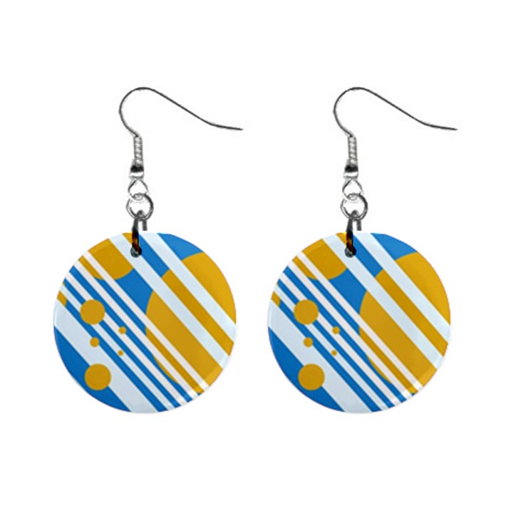 Blue, yellow and white lines and circles Mini Button Earrings