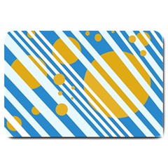 Blue, Yellow And White Lines And Circles Large Doormat  by Valentinaart