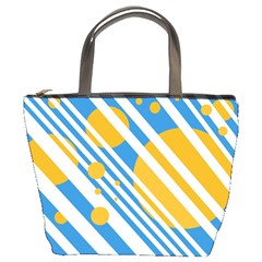 Blue, Yellow And White Lines And Circles Bucket Bags by Valentinaart