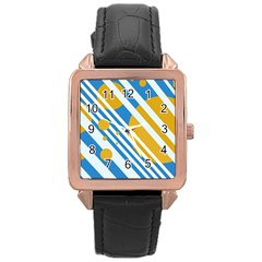 Blue, Yellow And White Lines And Circles Rose Gold Leather Watch  by Valentinaart