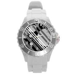 Gray Lines And Circles Round Plastic Sport Watch (l) by Valentinaart