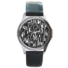 Black And White Elegant Pattern Round Metal Watch by Valentinaart