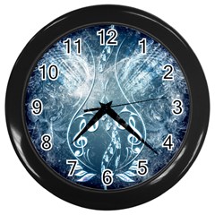 Music, Decorative Clef With Floral Elements In Blue Colors Wall Clocks (black) by FantasyWorld7