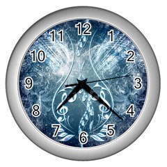 Music, Decorative Clef With Floral Elements In Blue Colors Wall Clocks (silver)  by FantasyWorld7