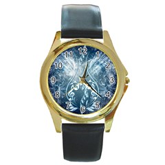 Music, Decorative Clef With Floral Elements In Blue Colors Round Gold Metal Watch by FantasyWorld7