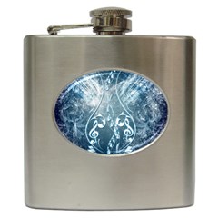 Music, Decorative Clef With Floral Elements In Blue Colors Hip Flask (6 Oz) by FantasyWorld7