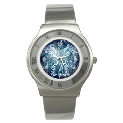 Music, Decorative Clef With Floral Elements In Blue Colors Stainless Steel Watch by FantasyWorld7