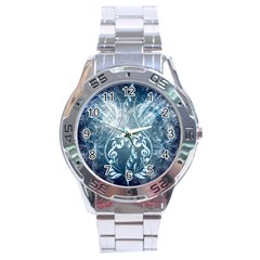 Music, Decorative Clef With Floral Elements In Blue Colors Stainless Steel Analogue Watch by FantasyWorld7