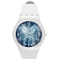 Music, Decorative Clef With Floral Elements In Blue Colors Round Plastic Sport Watch (m) by FantasyWorld7