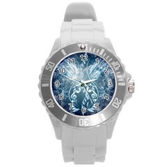 Music, Decorative Clef With Floral Elements In Blue Colors Round Plastic Sport Watch (l) by FantasyWorld7