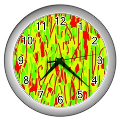 Green And Red Pattern Wall Clocks (silver)  by Valentinaart