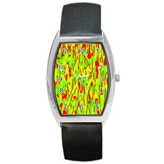 Green And Red Pattern Barrel Style Metal Watch by Valentinaart