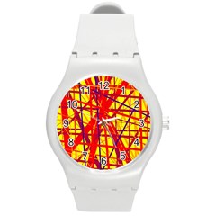 Yellow And Orange Pattern Round Plastic Sport Watch (m)