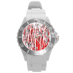 Red, Black And White Pattern Round Plastic Sport Watch (l) by Valentinaart