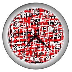 Red, white and black pattern Wall Clocks (Silver) 