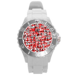 Red, white and black pattern Round Plastic Sport Watch (L)