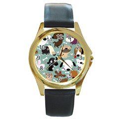 Dog Pattern Round Gold Metal Watch