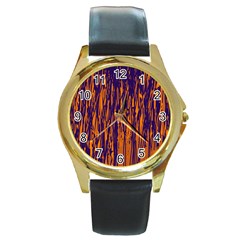 Blue And Orange Pattern Round Gold Metal Watch by Valentinaart