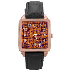 Blue And Orange Decorative Pattern Rose Gold Leather Watch  by Valentinaart