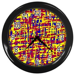 Red, Yellow And Blue Pattern Wall Clocks (black) by Valentinaart