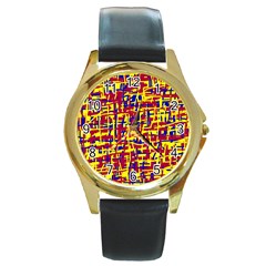 Red, Yellow And Blue Pattern Round Gold Metal Watch