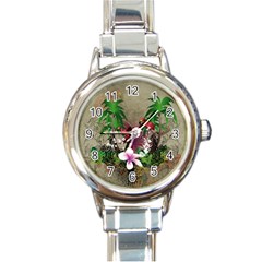 Wonderful Tropical Design With Palm And Flamingo Round Italian Charm Watch by FantasyWorld7