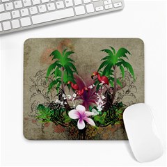 Wonderful Tropical Design With Palm And Flamingo Large Mousepads by FantasyWorld7