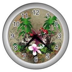 Wonderful Tropical Design With Palm And Flamingo Wall Clocks (silver) 