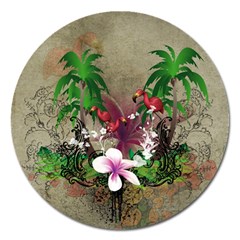 Wonderful Tropical Design With Palm And Flamingo Magnet 5  (round) by FantasyWorld7