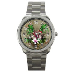 Wonderful Tropical Design With Palm And Flamingo Sport Metal Watch