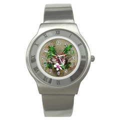 Wonderful Tropical Design With Palm And Flamingo Stainless Steel Watch by FantasyWorld7