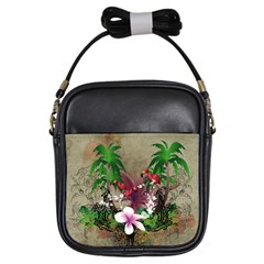 Wonderful Tropical Design With Palm And Flamingo Girls Sling Bags by FantasyWorld7