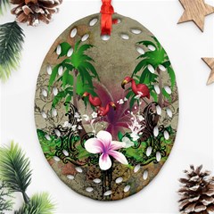 Wonderful Tropical Design With Palm And Flamingo Oval Filigree Ornament (2-side) 