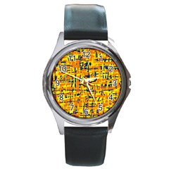 Yellow, orange and blue pattern Round Metal Watch