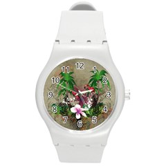 Wonderful Tropical Design With Palm And Flamingo Round Plastic Sport Watch (m) by FantasyWorld7