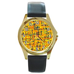 Yellow, orange and blue pattern Round Gold Metal Watch