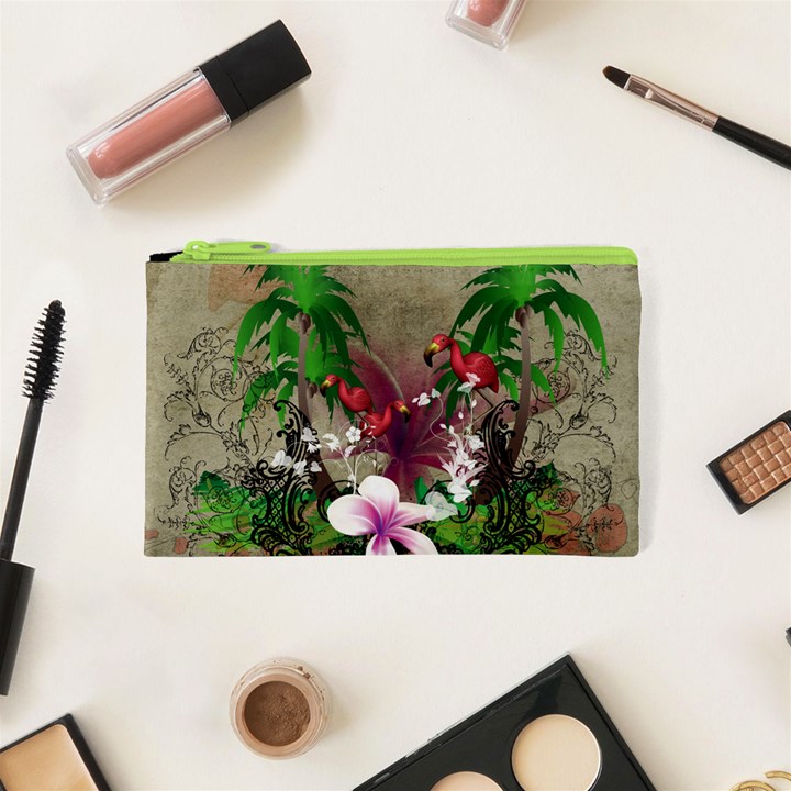 Wonderful Tropical Design With Palm And Flamingo Cosmetic Bag (XS)