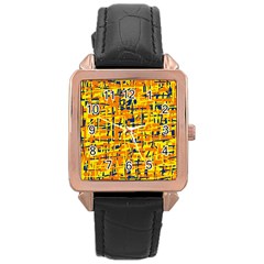 Yellow, Orange And Blue Pattern Rose Gold Leather Watch 