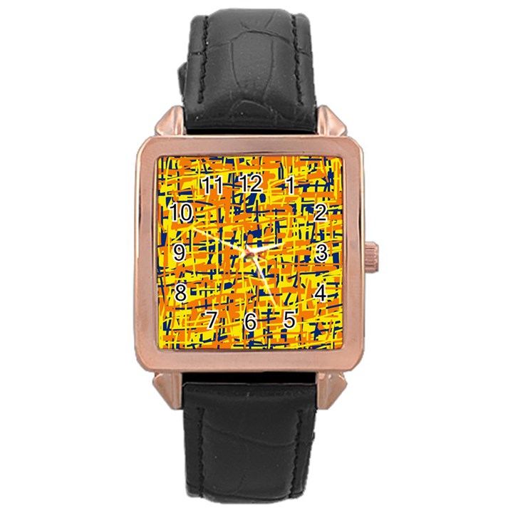 Yellow, orange and blue pattern Rose Gold Leather Watch 