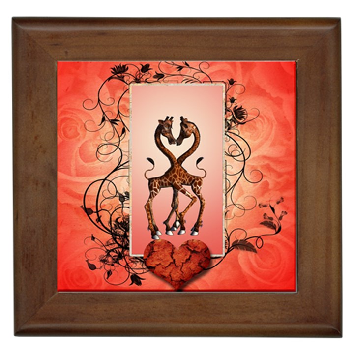 Cute Giraffe In Love With Heart And Floral Elements Framed Tiles