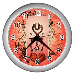 Cute Giraffe In Love With Heart And Floral Elements Wall Clocks (silver) 