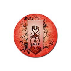 Cute Giraffe In Love With Heart And Floral Elements Rubber Coaster (round) 